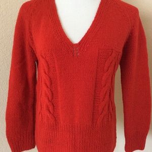Hand made Christmas sweater V neck red sweater wool blend sweater hand knitted